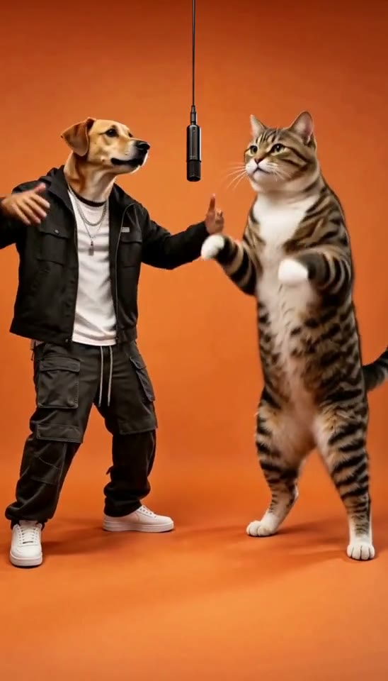 A dog and a cat performing beside a hanging microphone in an orange studio.