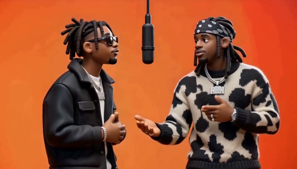 Two clay characters performing at a hanging microphone in an orange studio.