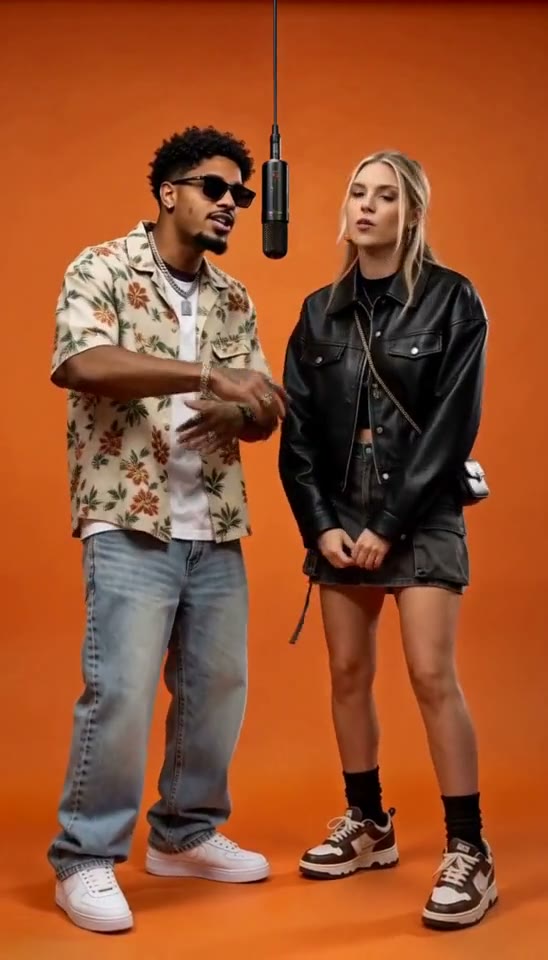 Two performers sharing a hanging microphone against an orange backdrop.
