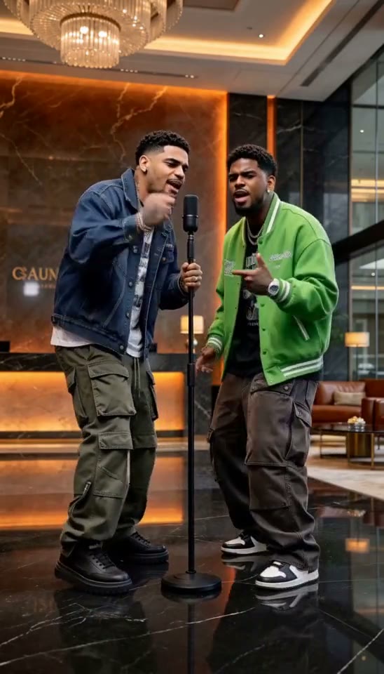 Two characters performing beside a microphone in a warmly lit lobby.
