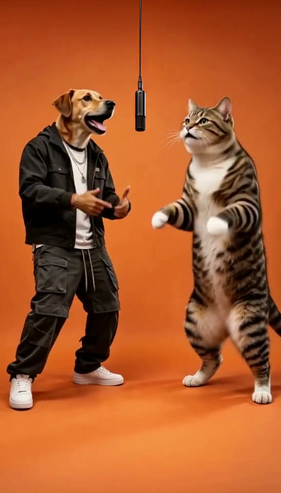 A dog in streetwear and a cat posing beside a suspended microphone in an orange studio