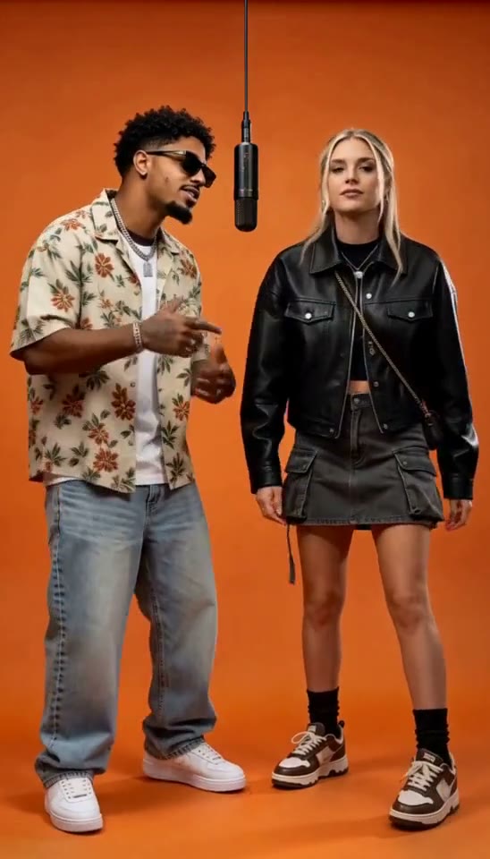 Two human characters standing beneath a studio microphone against an orange backdrop