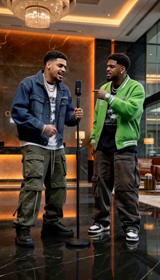 Two original characters performing with a floor microphone in a warmly lit hotel lobby.