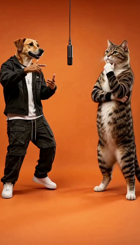A dog in streetwear and a cat posing beside a suspended microphone in an orange studio.